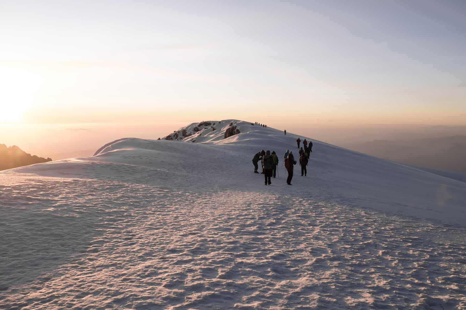 A small line of people walk across a long mountain crater rim covered in snow to a backdrop of light yellow sunrise - part of Kilimanjaro Uhuru Peak.