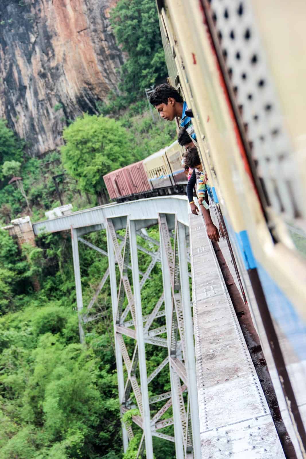 Looking out of the train window while crossing the Goteik Viaduct in Myanmar 