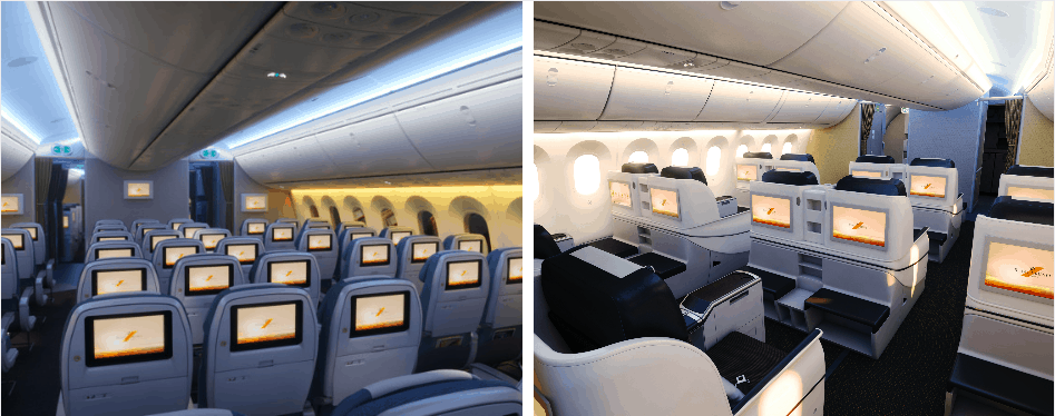 Premium Economy (left) and Business Class (right) seats on a Royal Brunei Dreamliner plane
