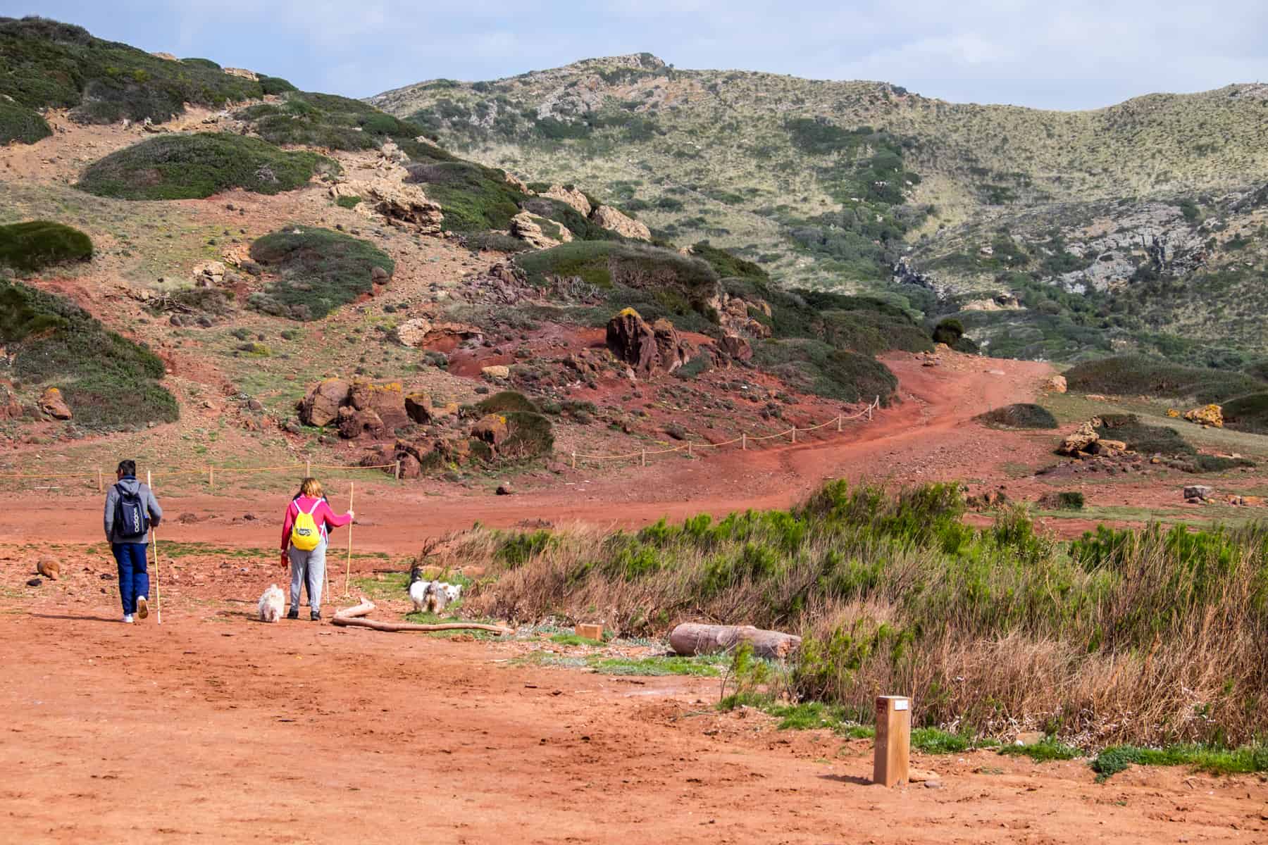 Two walkers with sticks and a dog walk on a sandy orange path towards a small hill and green hills. 