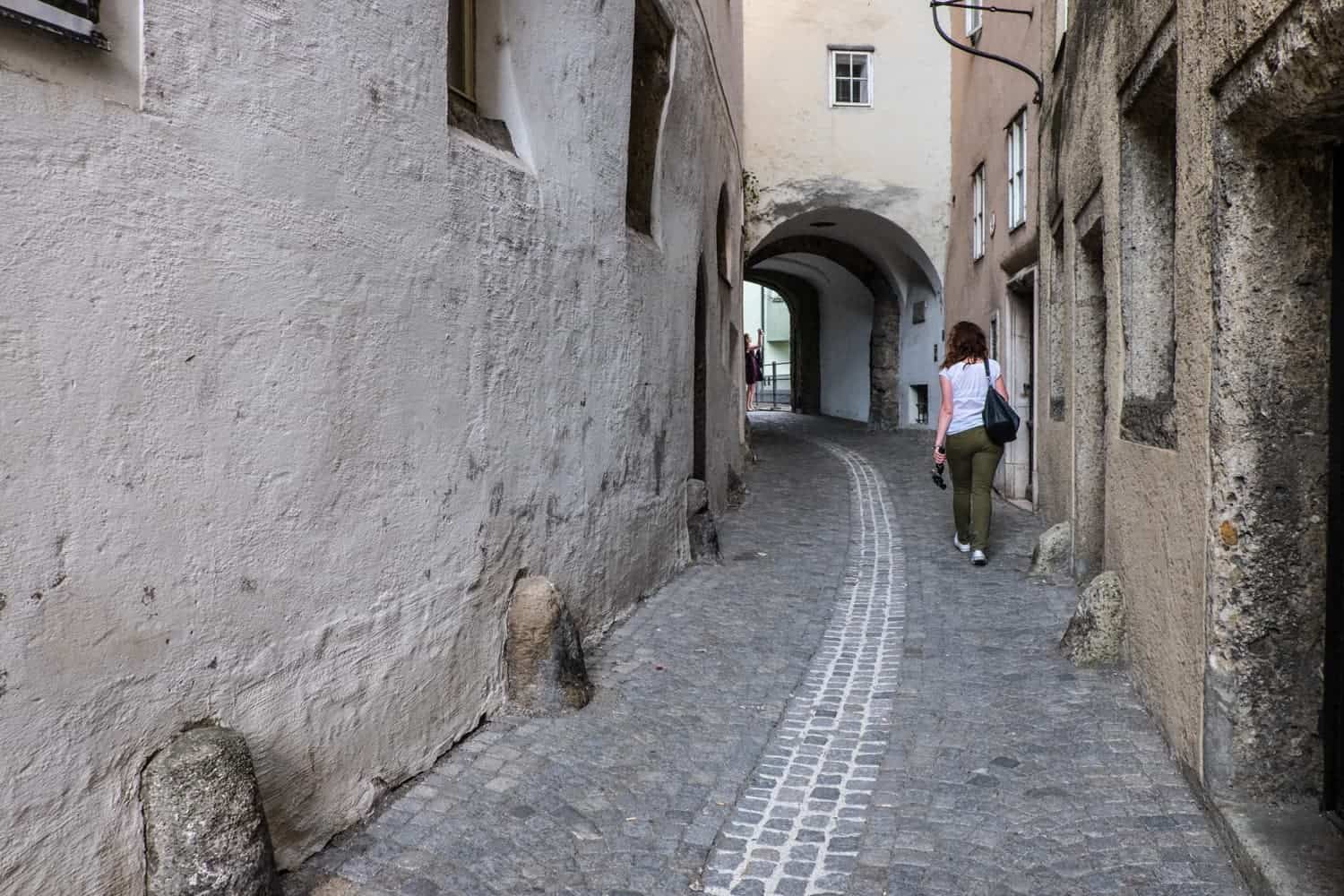 Steingasse, the oldest street in Salzburg, Austria