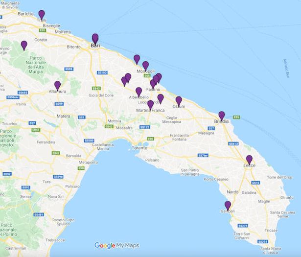 map of things to do in Puglia Italy from Google Maps