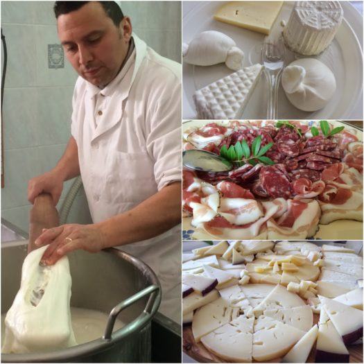 Collage of cheese making, plates of cheese and cured meats in Martina Franca Masseria Italy