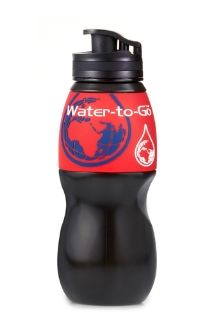 A black filter travel bottle with a red trim with wording: Water-to-Go and a picture of a blue globe.