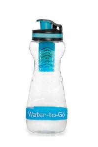 A bright blue and clear Water-to-Go filter travel bottle.