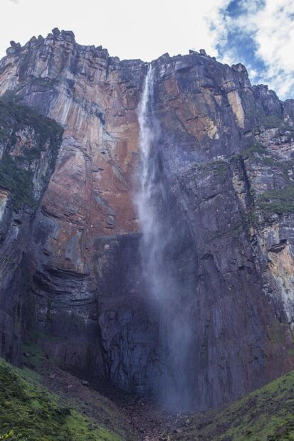 Panoramic view of angel falls tumbling down cliff face in Venezuela