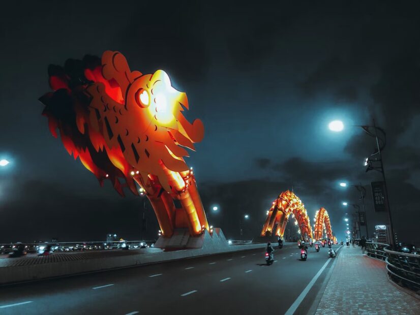 Dragon bridge at night in Da Nang