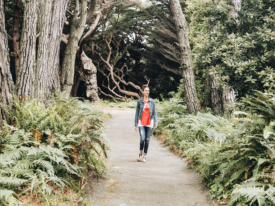 Annette walking down Mendocino Coast Botanical Gardens