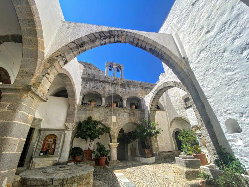 Monastery of St John the Theologian UNESCO site on Patmos island. View of courtyard.