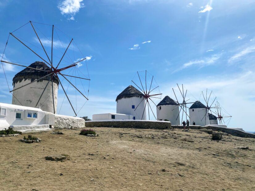 Windmills in a row on the island of Mykonos