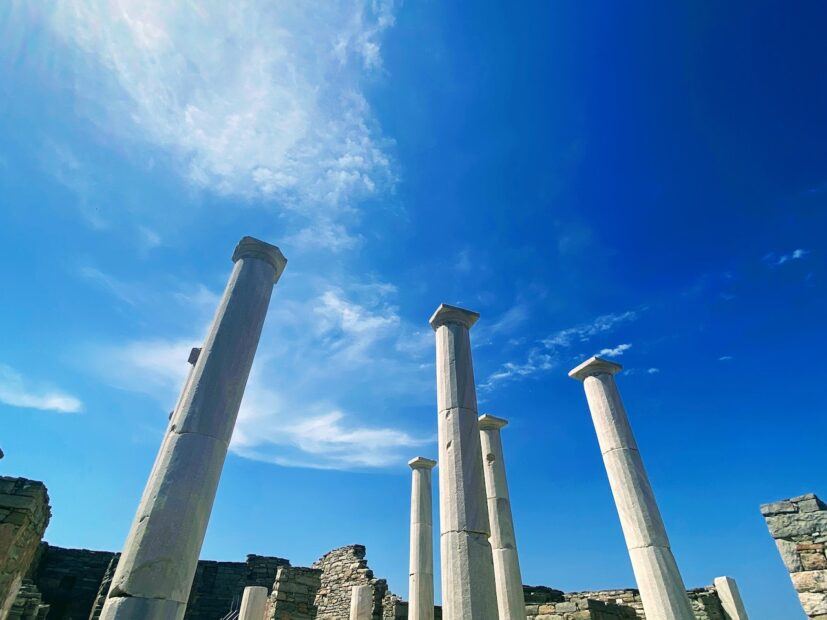 Doric greek columns on Delos island in Greece