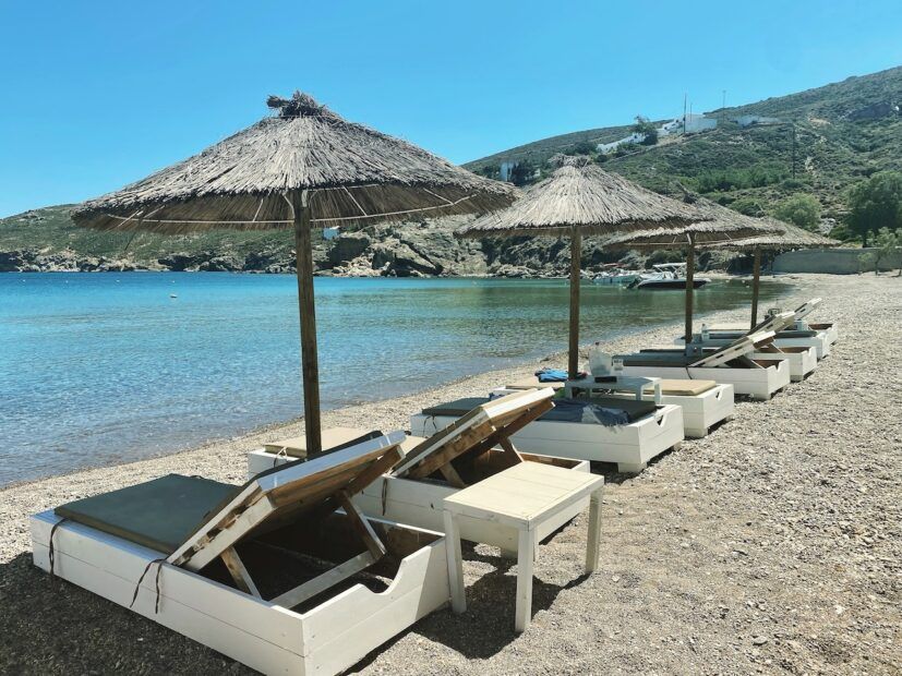 Kambos beach on Milos island with sun loungers