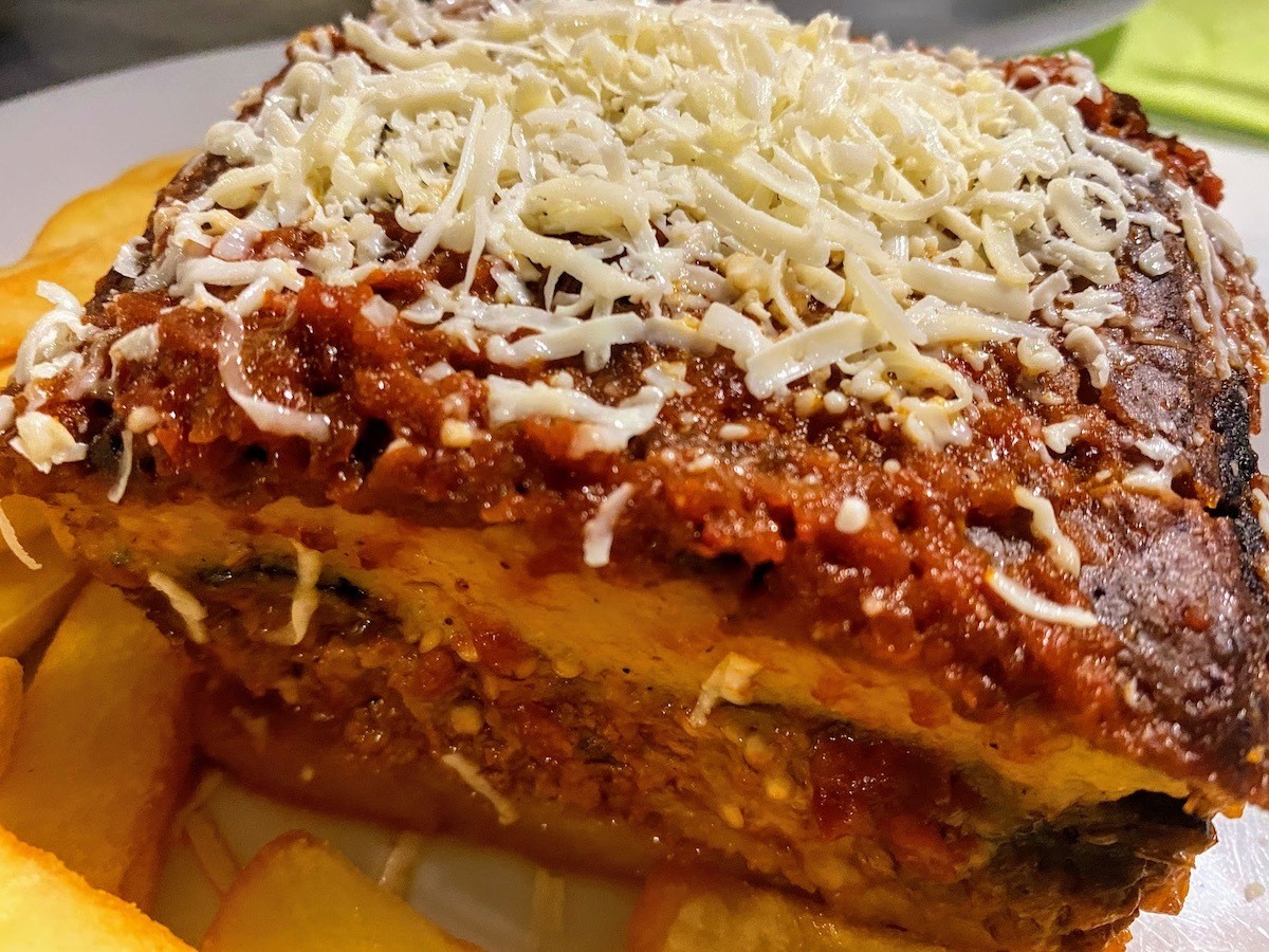 moussaka with layers of cheese meat and vegetables