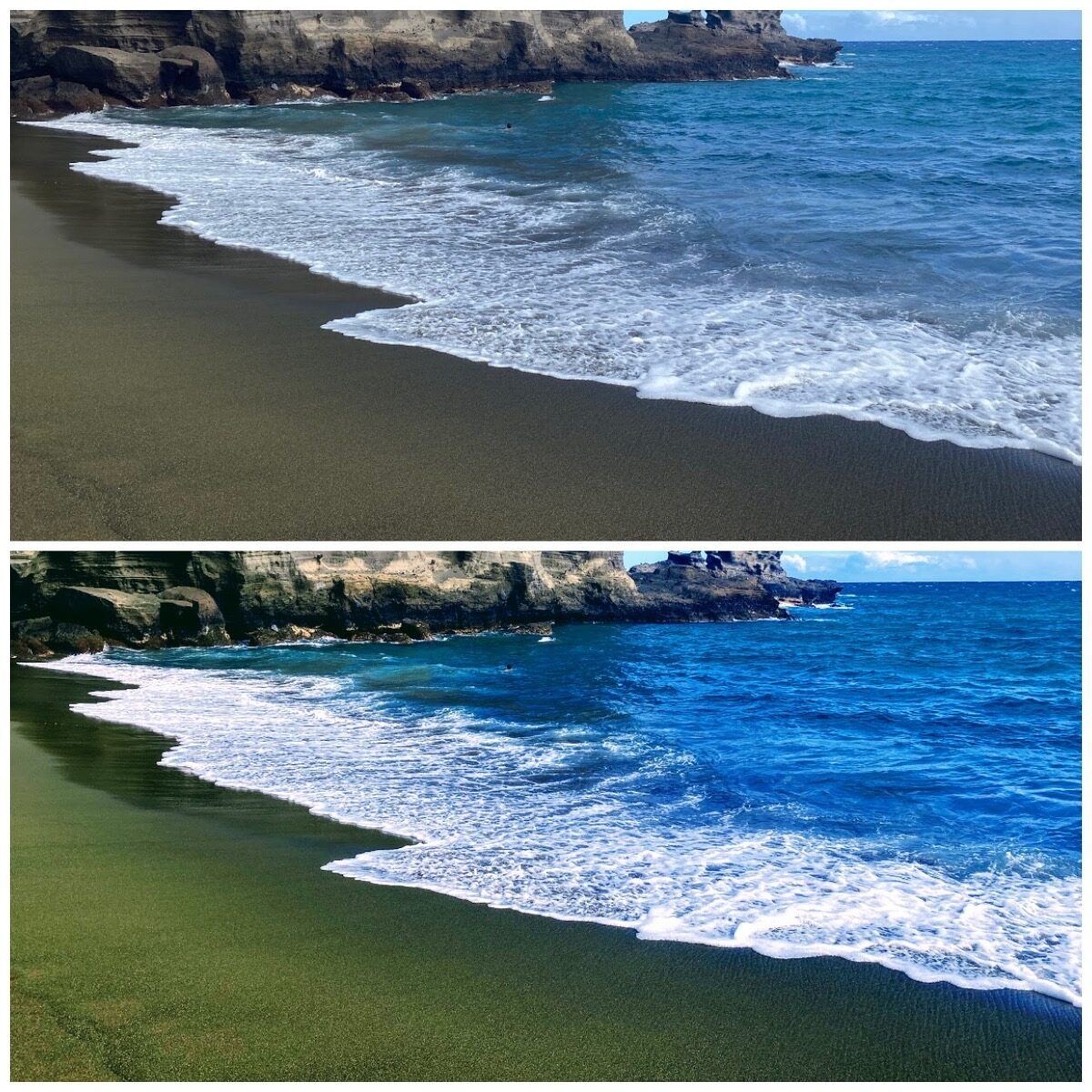 Edited versus unedited picture of green sand beach in Hawaii