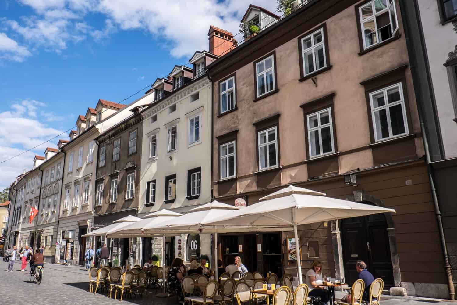 Cafes and stores on Ljubljana Old Town streets in the Capital of Slovenia
