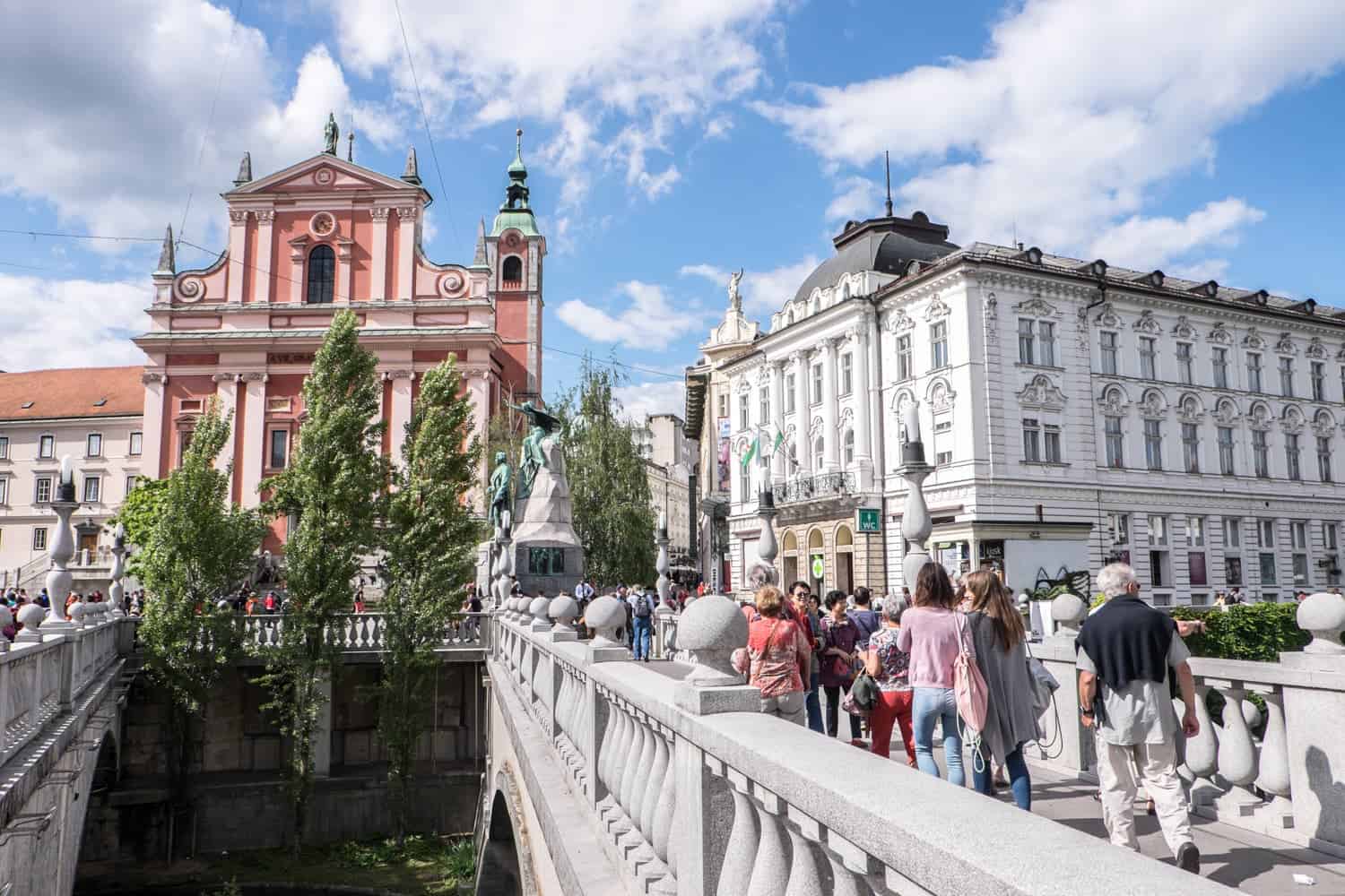 The Tromostovje Triple Bridge in Ljubljana Old Town, Capital of Slovenia