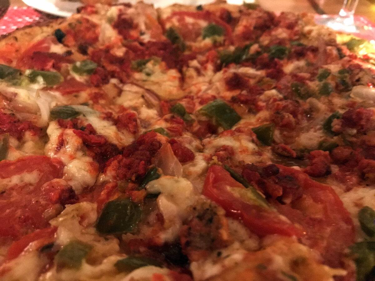 Close up of pizza in Chicago. 