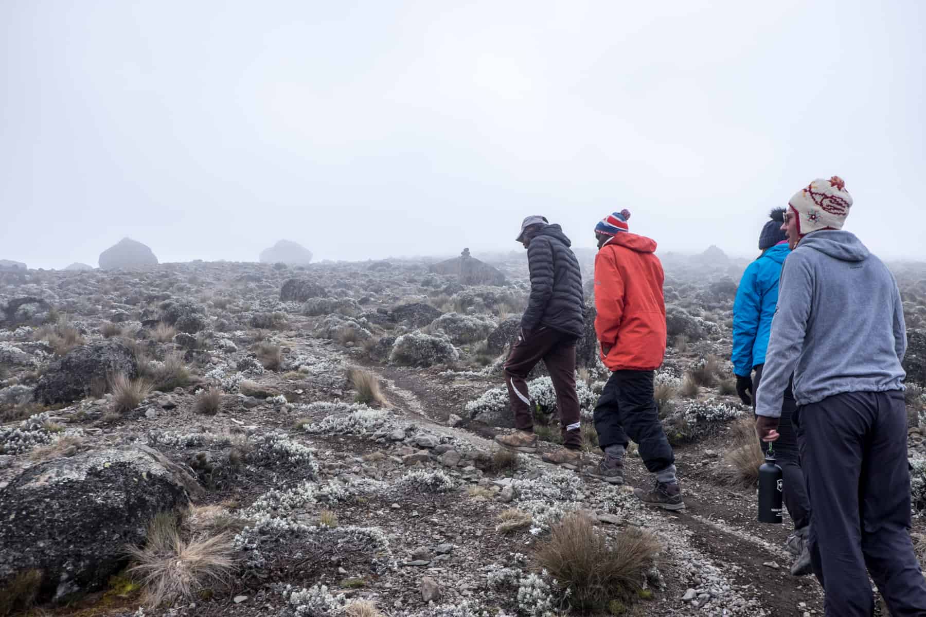 Four trekkers wearing black, red and blue hike up a rocky scree covered in mist on Kilimanjaro