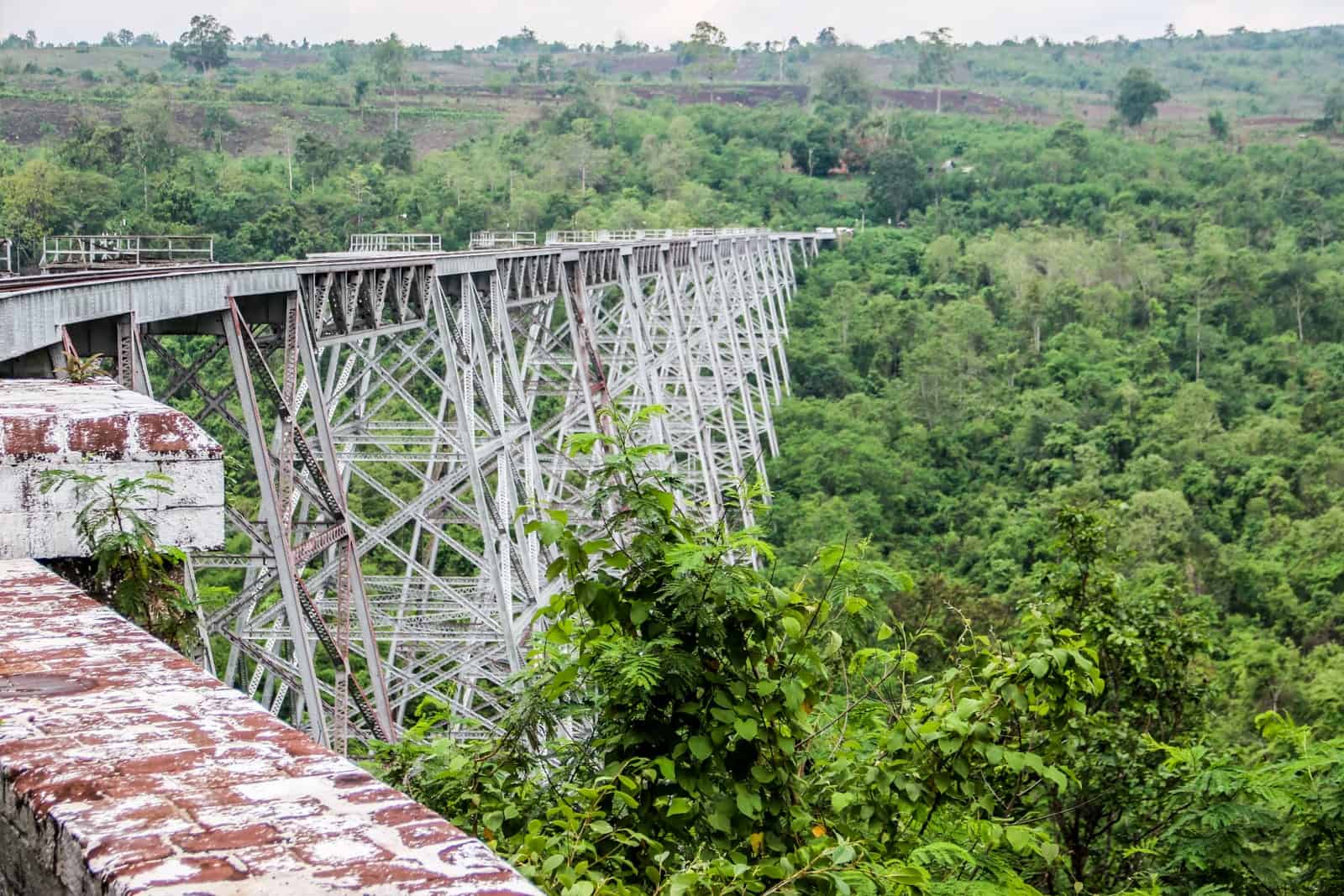 Approaching the Myanmar Goteik Viaduct Bridge and crossing it on the train