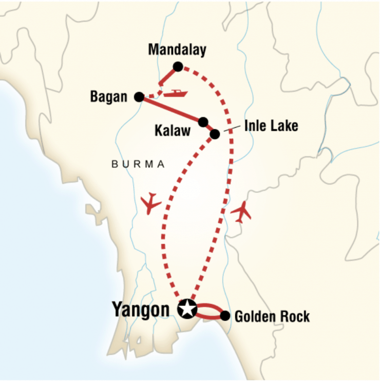 A map of Myanmar with red lines detailing the journey between six destinations on a Myanmar Tour