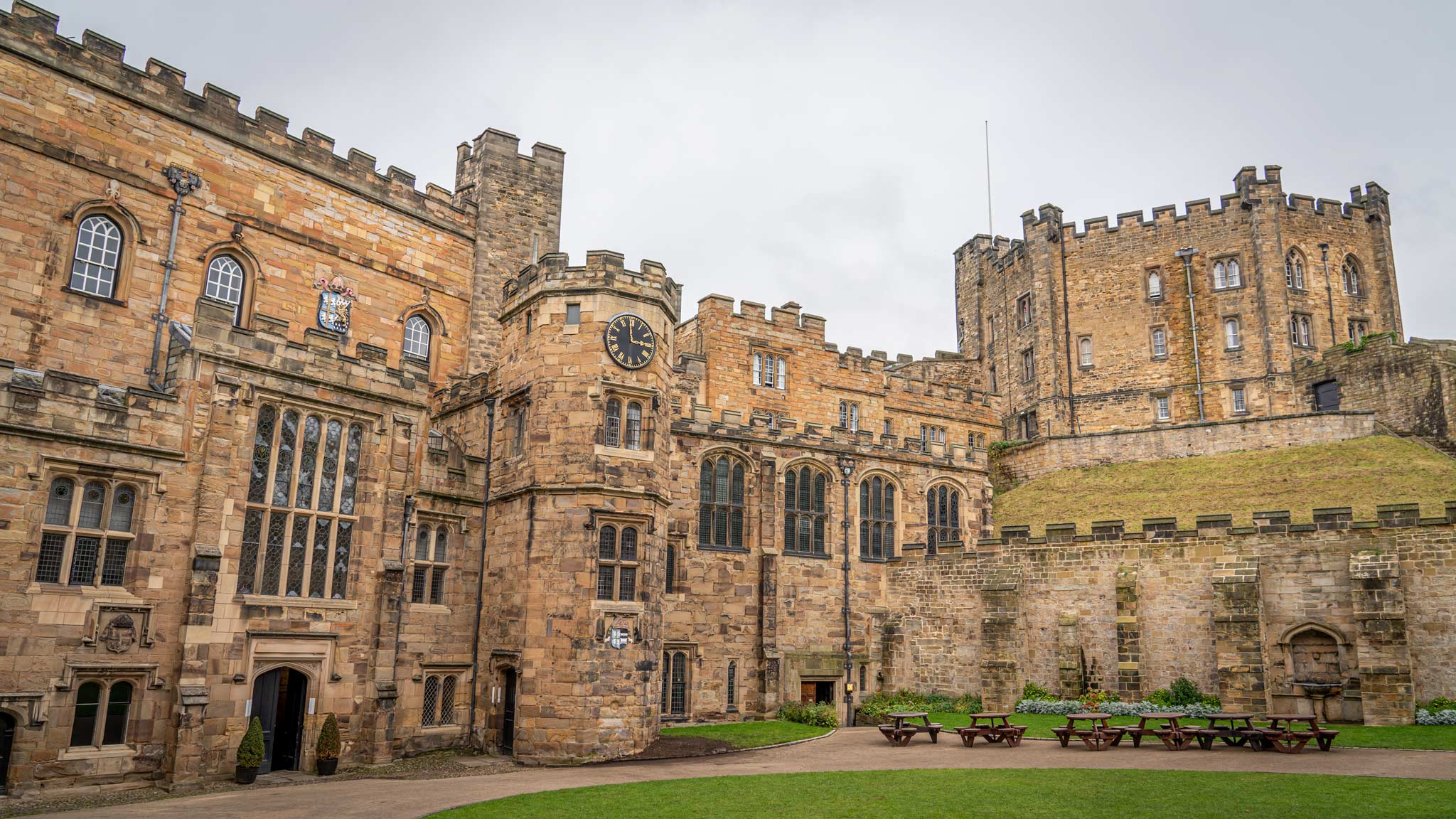 Outside view of Durham Castle with an octagonal tower to the side