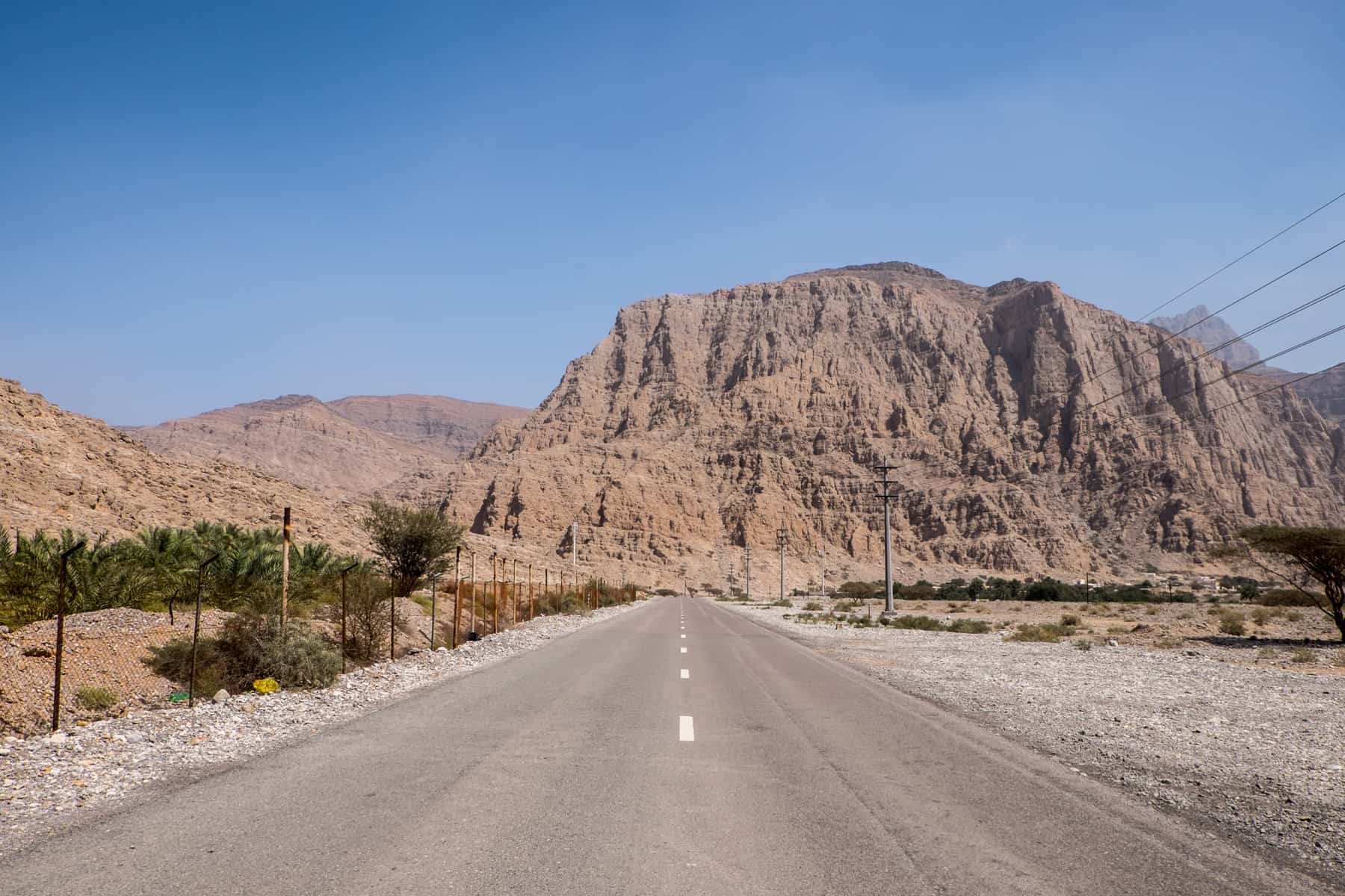 View of a paved road leading towards a golden brown rock face and low mountain range. A few green bushy trees grow from the desert sands either side of the road.