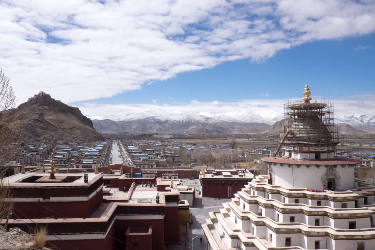 Views across the villages and city of Gyantse from the very top of the Palcho Monastery in Tibet