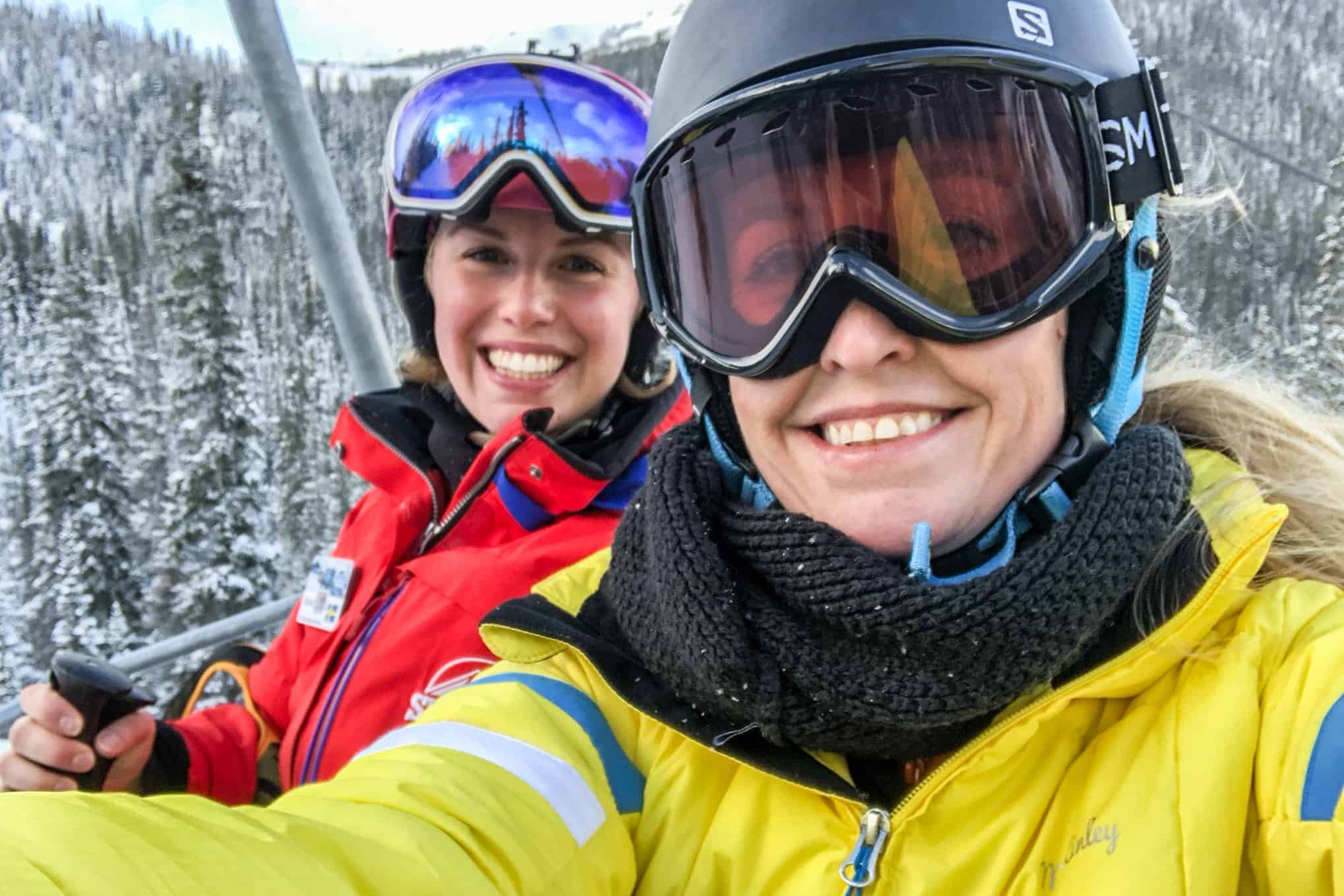 Woman and her ski instructor at Sunshine Village Ski Resort, Banff