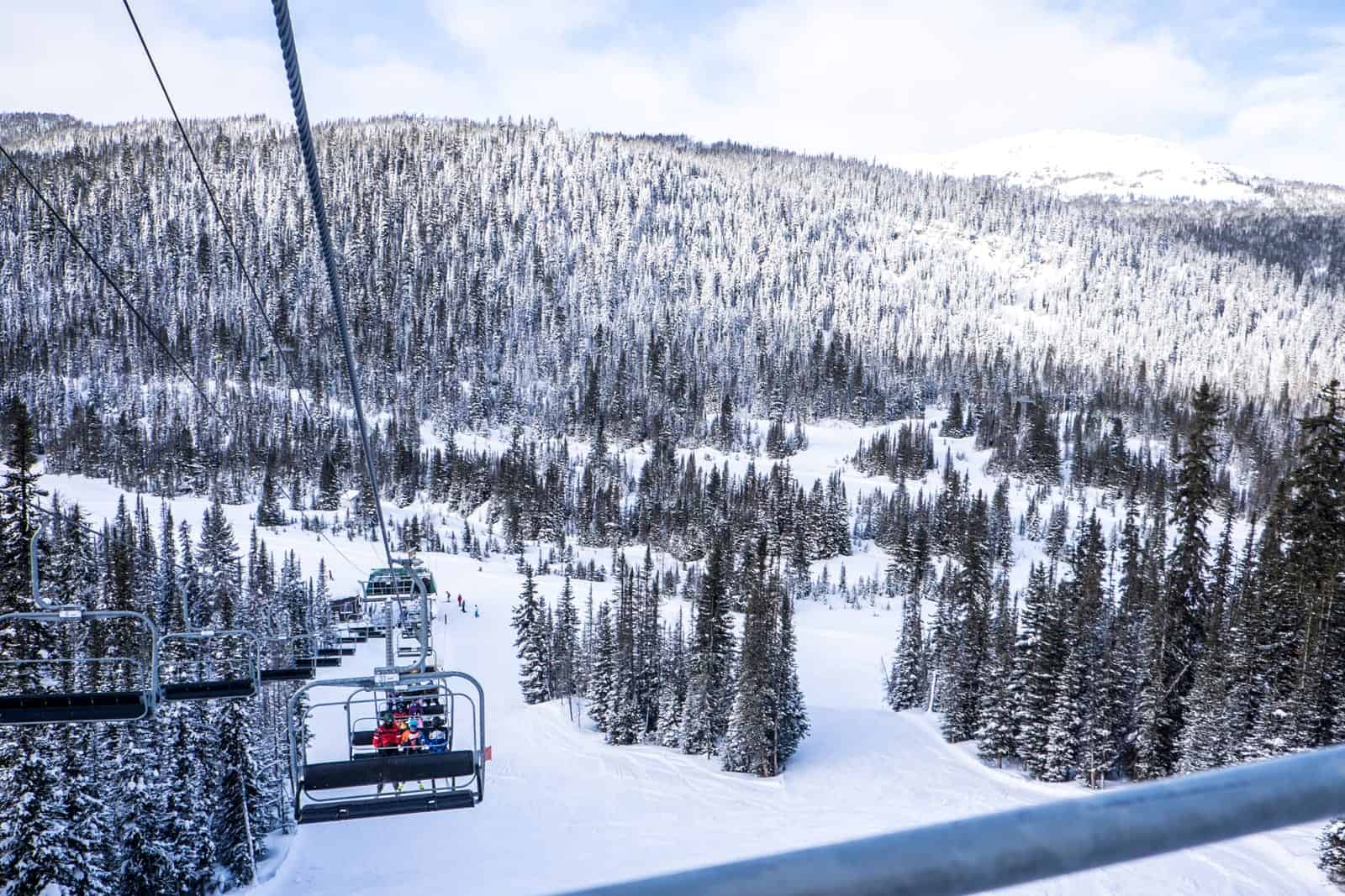 View from the gondola in winter at Sunshine Village Ski Resort in Banff