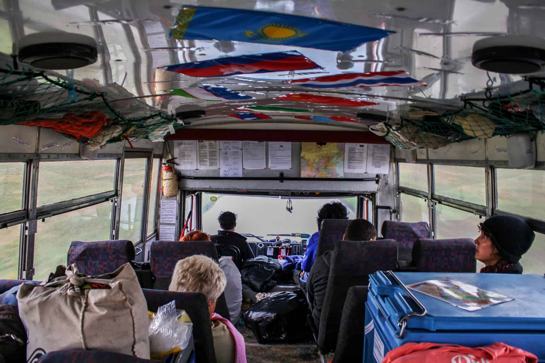 Inside the overlanding truck on the journey travelling Mongolia
