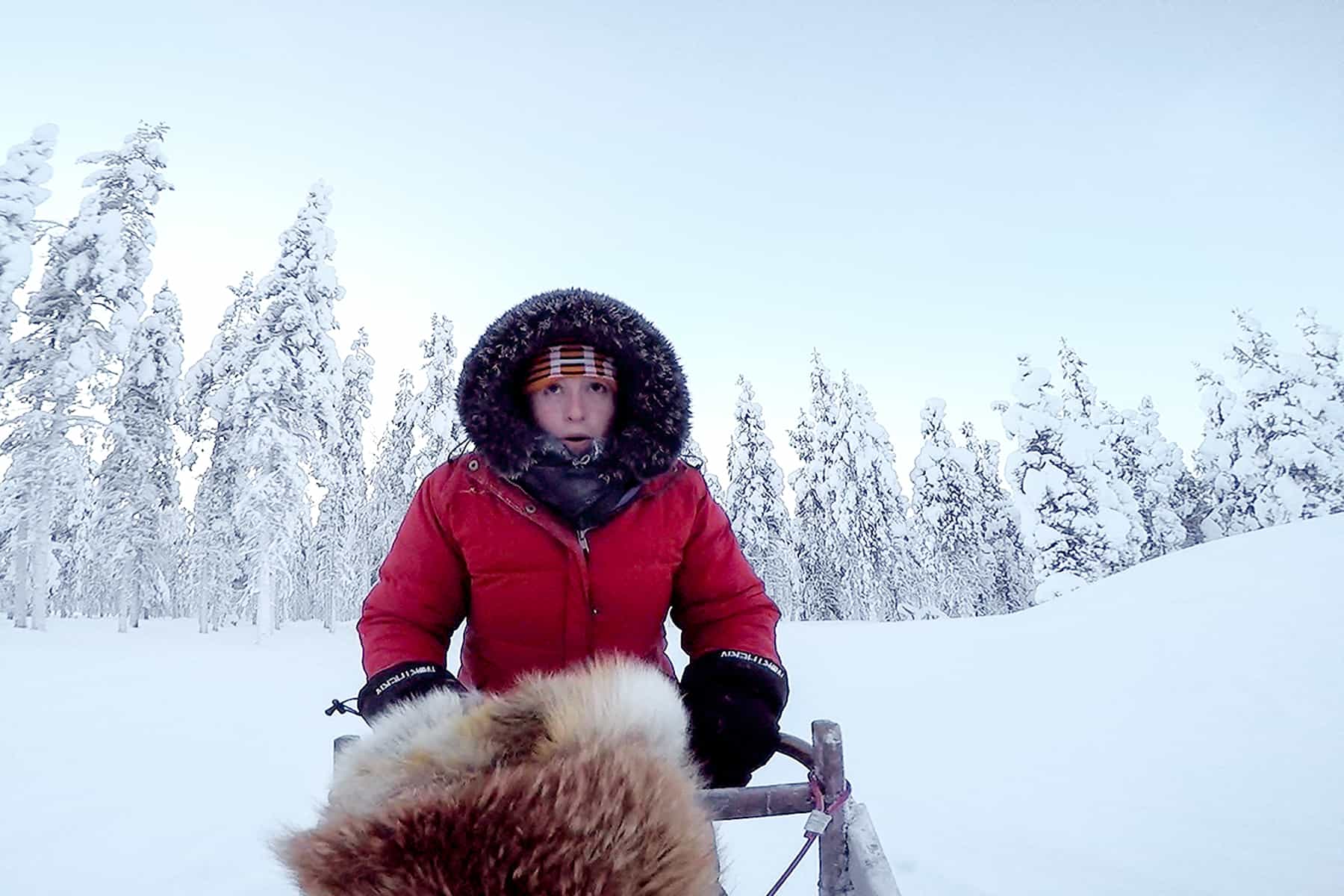 A woman in a red coat with a fur hood trim holds onto a sled while riding through the thick white forest snow. 