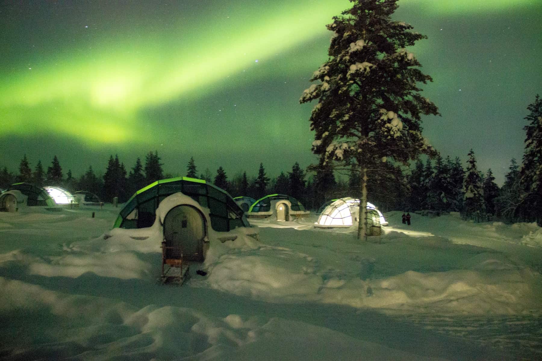 Seven glass igloos on thick snow, set within a forest under the bright green streaks of the northern lights in Finland. 