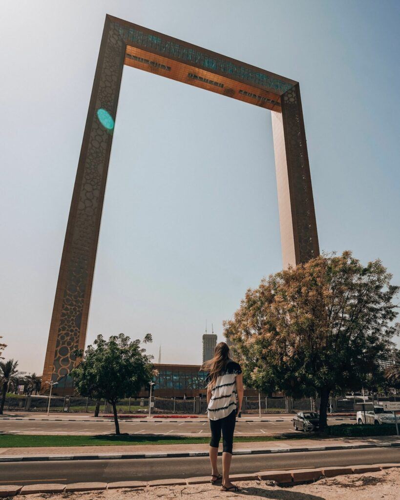 Monica looking up at the Dubai Frame, one of the newest Things to do in Dubai.