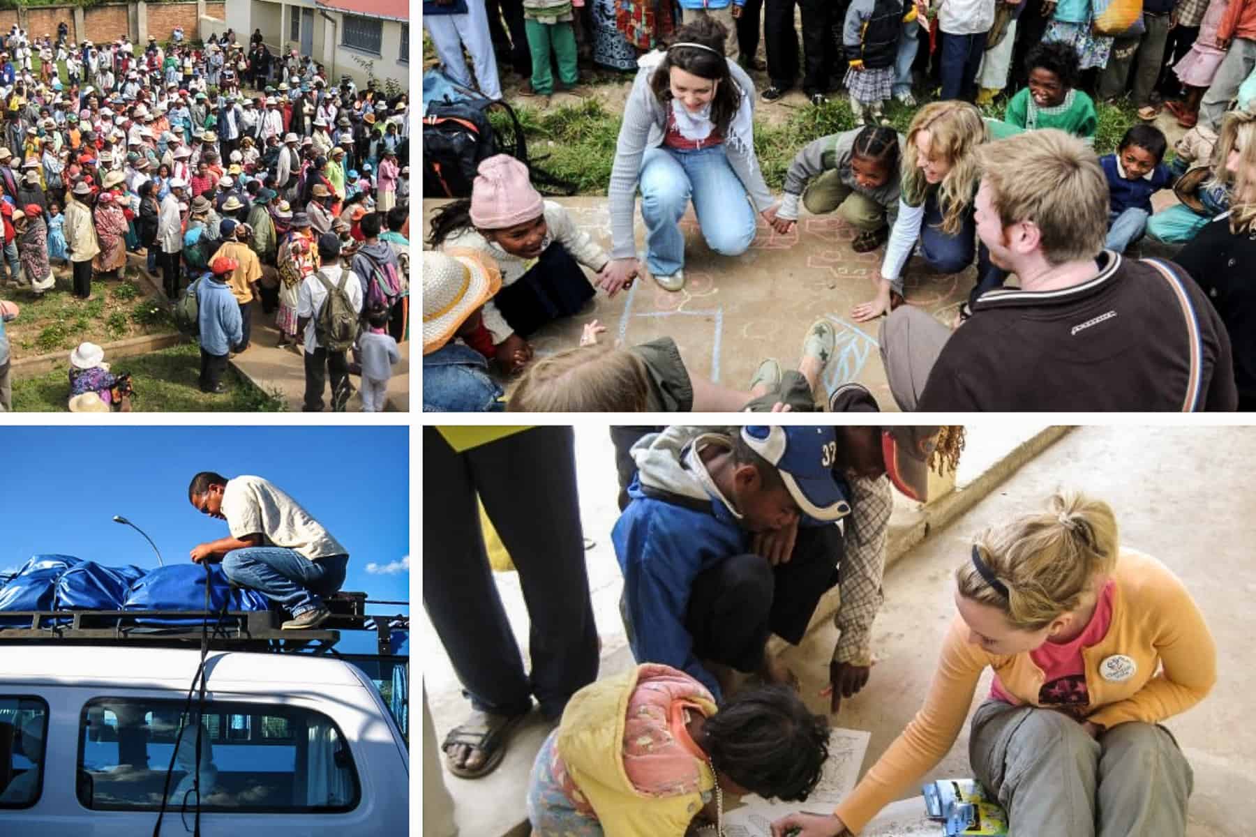 A series of images from a Madagascar volunteer trip showing a large group of people in a garden, volunteers playing with children, a man attaching backpacks to the top of a truck and a woman drawing with a young child. 