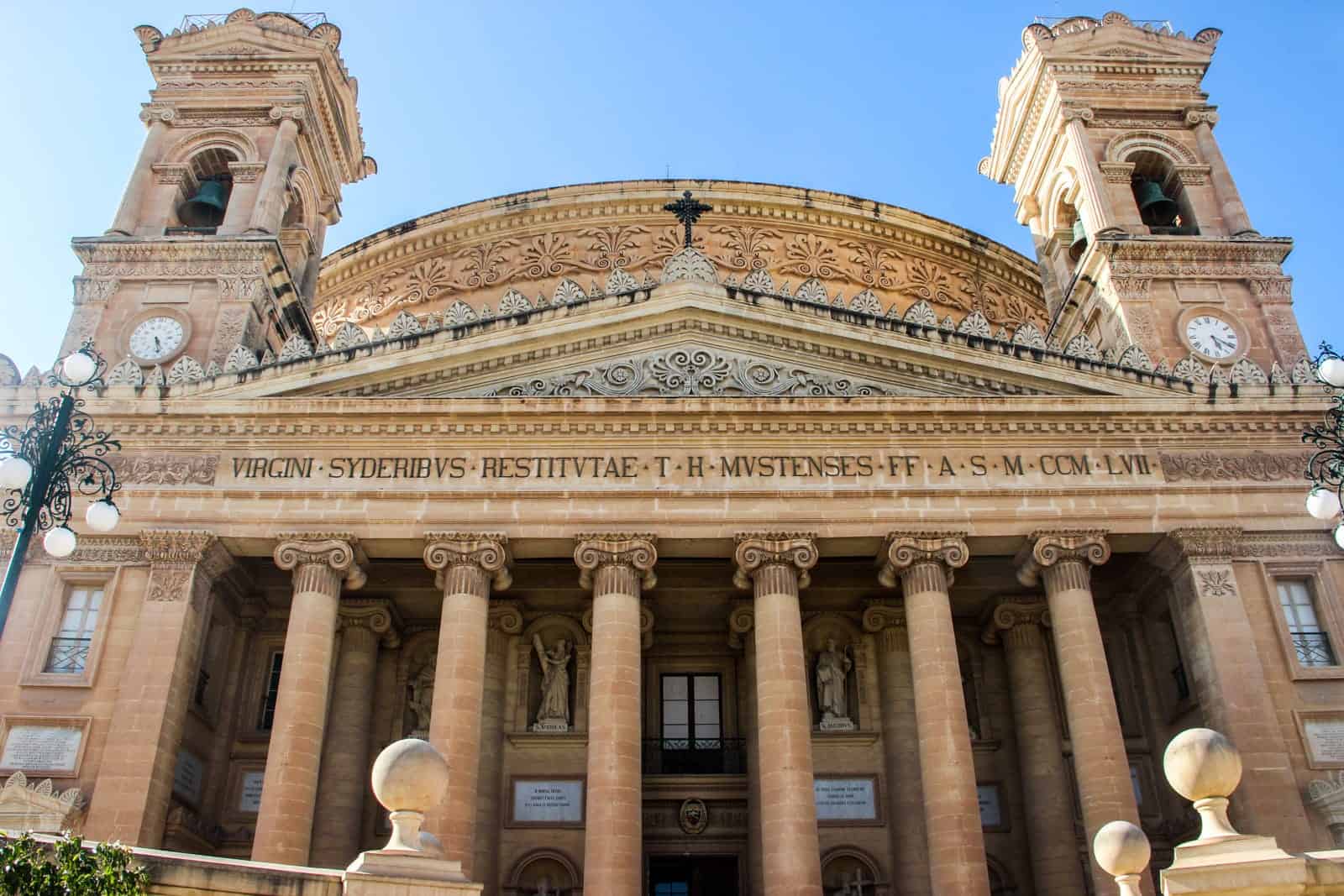 The front facade of Mosta Dome in Malta which was once bombed during the war