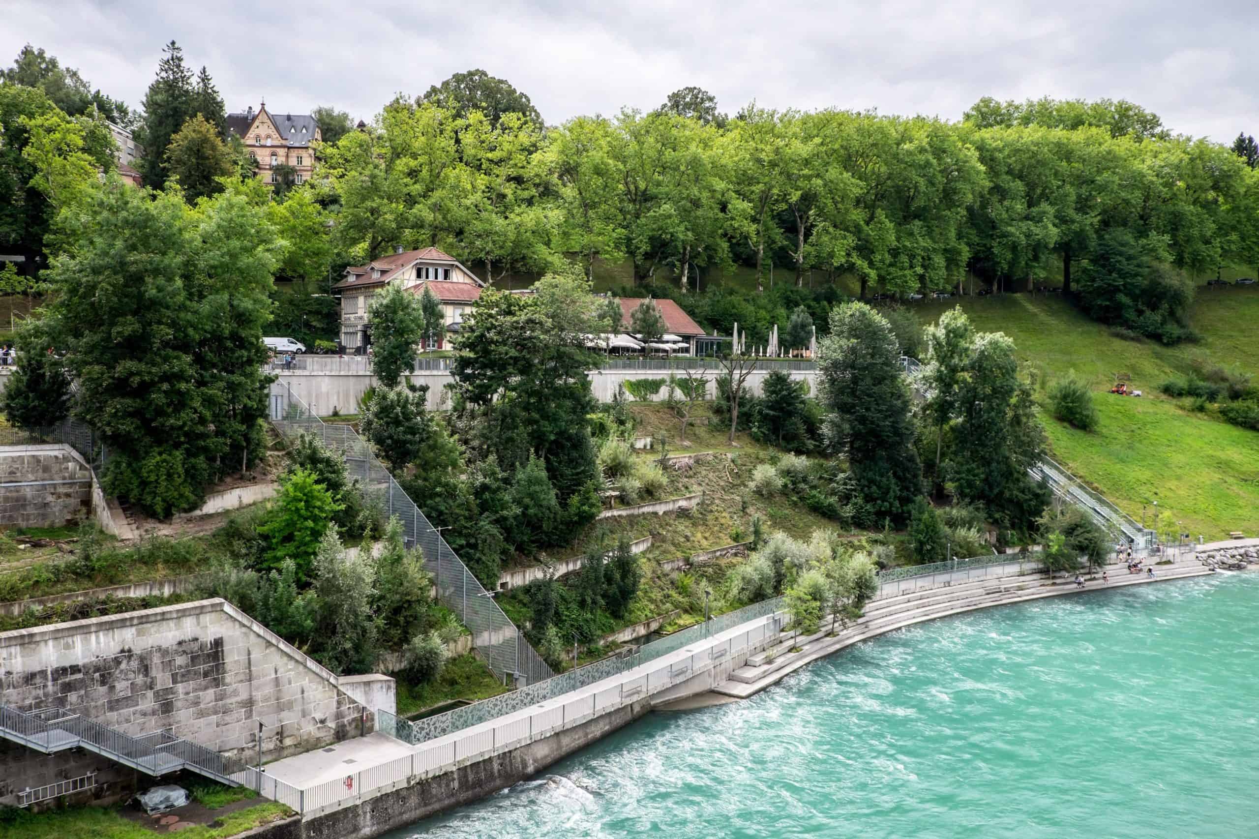 View to the tiered 6000 square metres Bear Park in Bern next to the riverbank