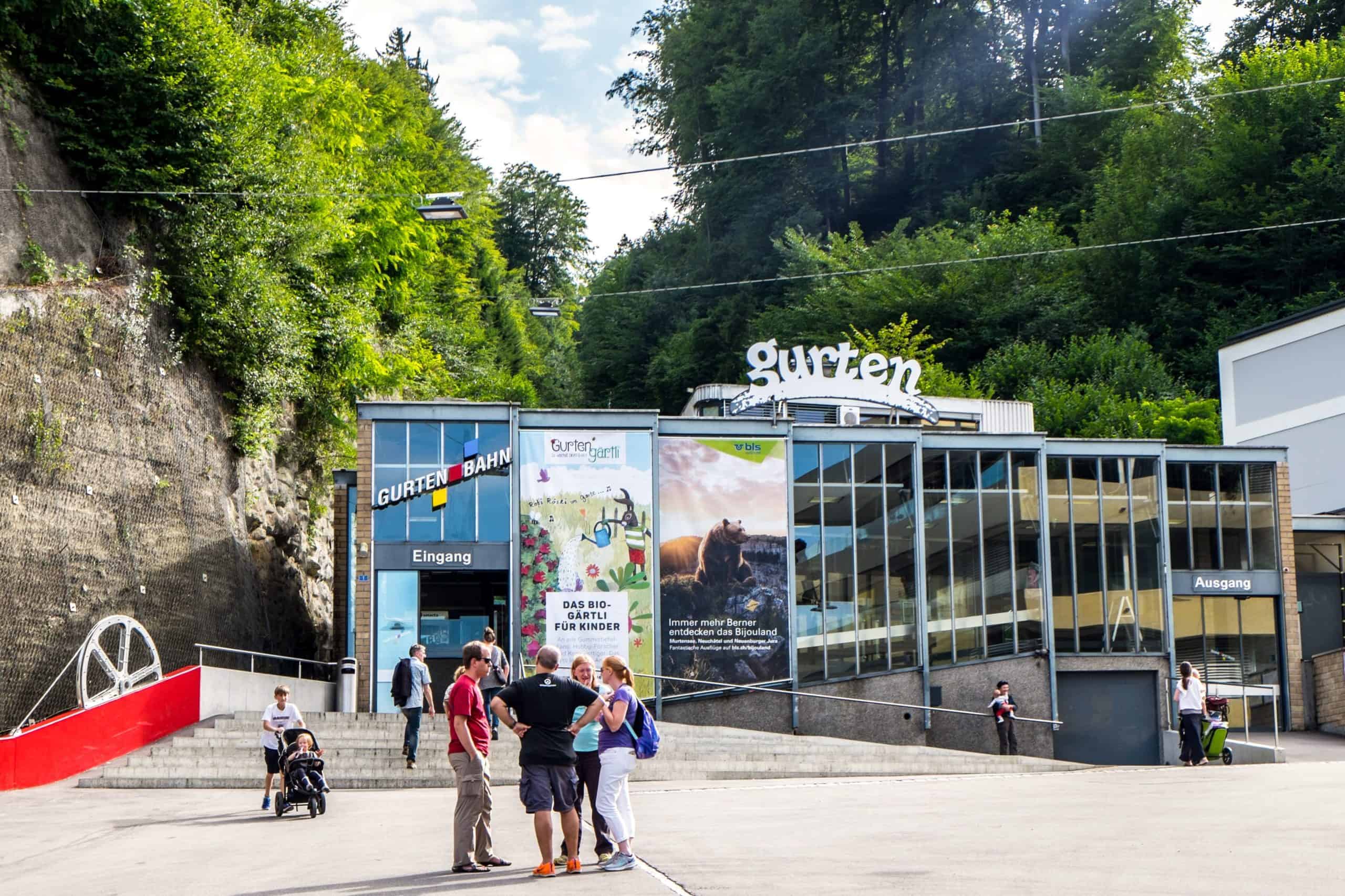 Glass-fronted entrance to Gurten Peak cable car in Bern, Switzerland