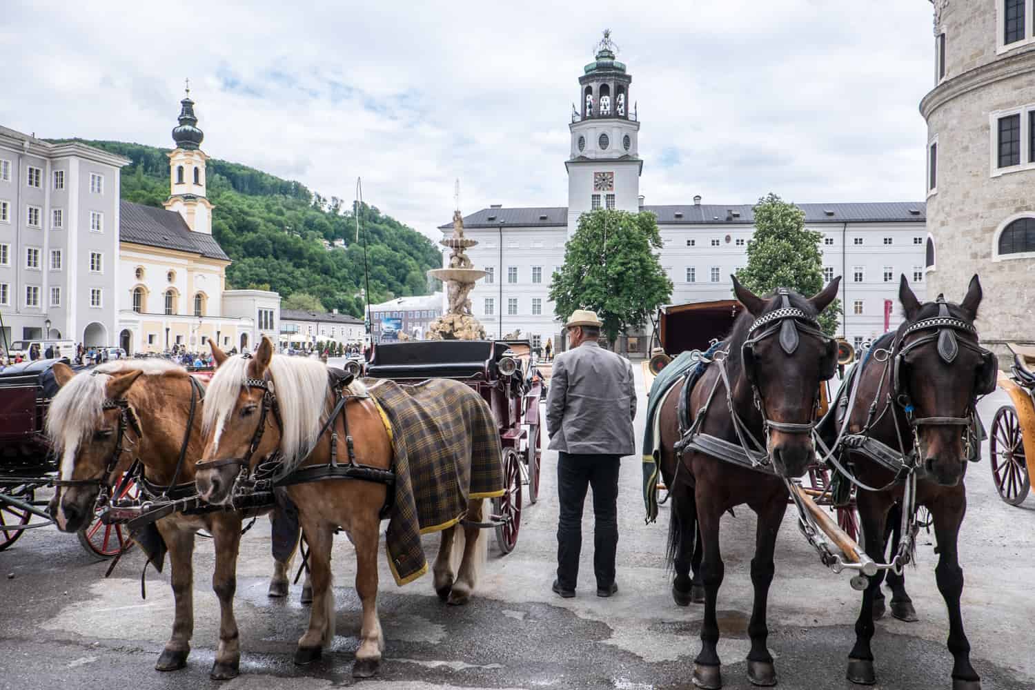 A horse carriage driver, looking towards the white buildings in Salzburg Old Town, stands in between two carriages, each with two horses.