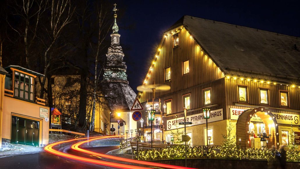 Christmas lights and a church in Seiffen ore Mountains