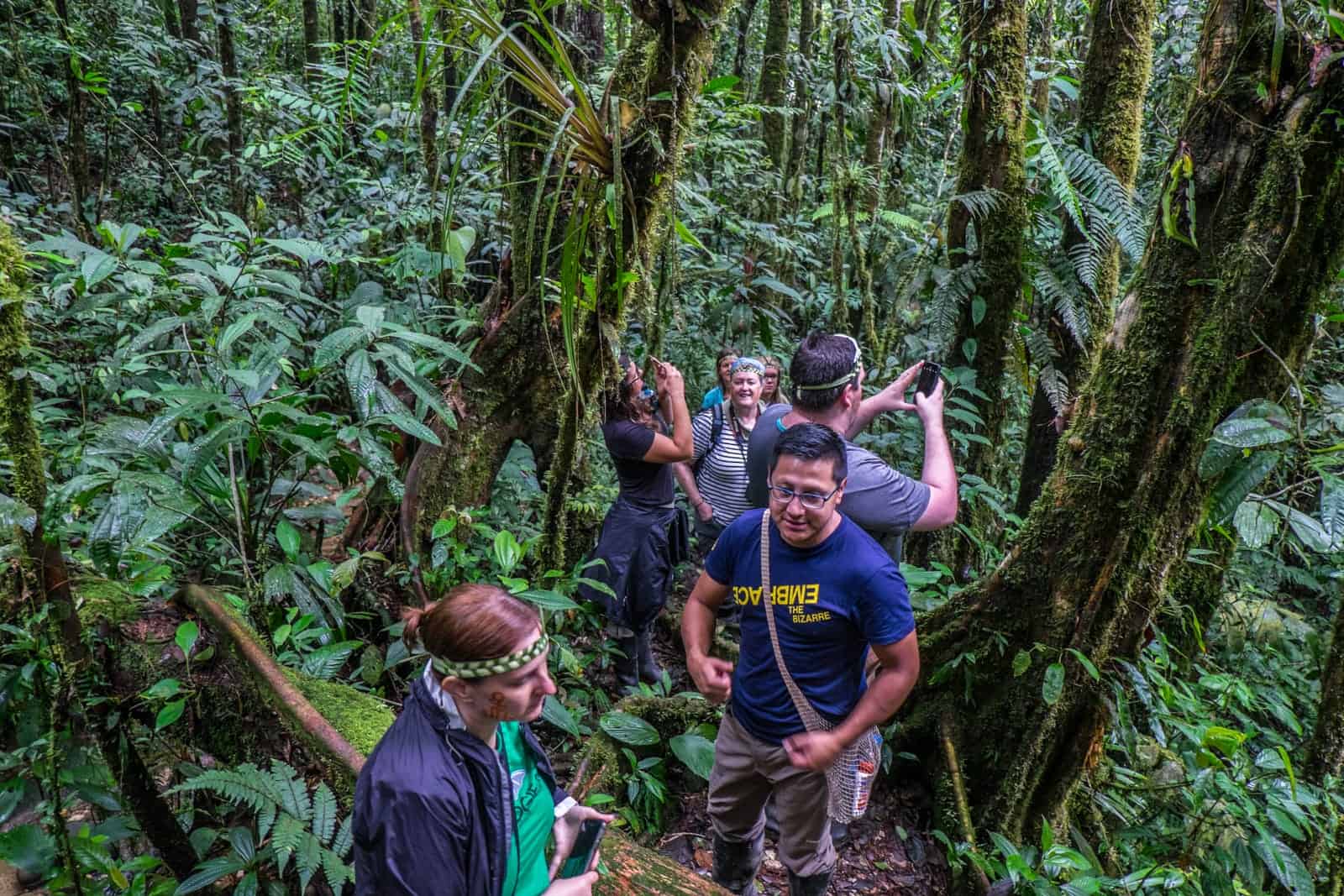 A small group of people take photos with their mobile phones while standing within the thick Amazon Rainforest in Ecuador. 