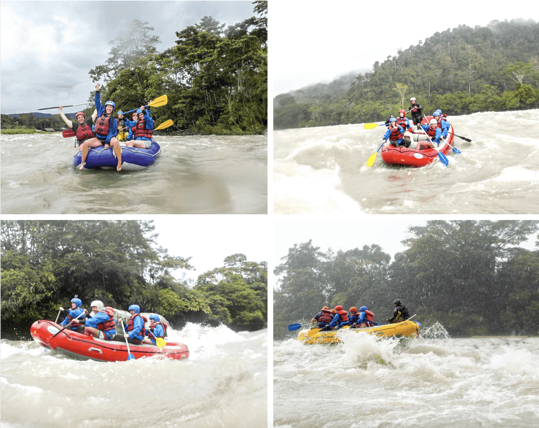 Four images showing people water rafting in the Ecuador Amazon Rainforest.