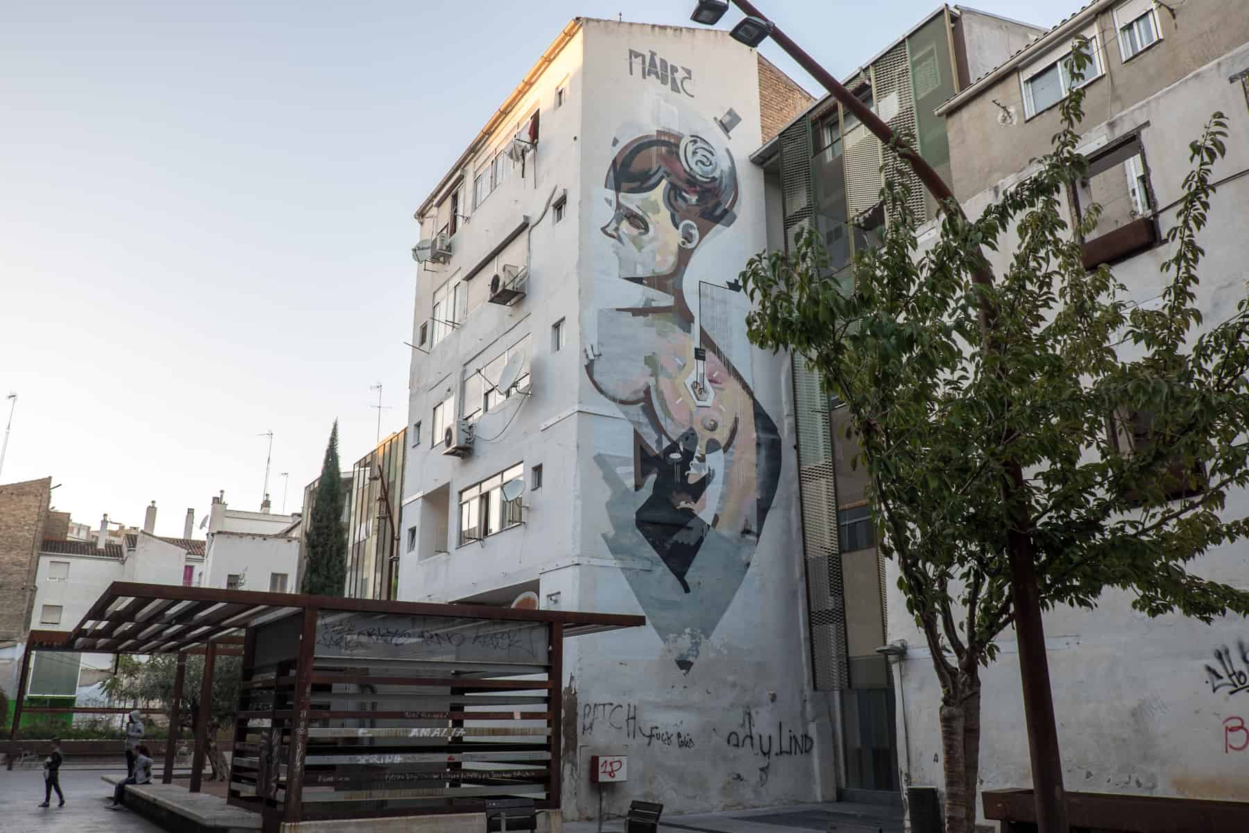 A residential housing block in Zaragoza featuring a street art mural of a woman. 