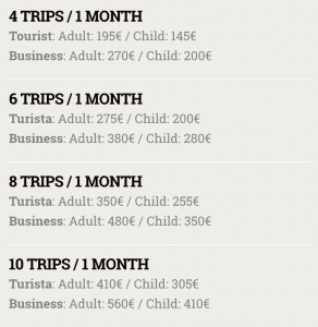 A list of Spain Pass prices for the Renfe train for 4 trips, 6 trips, 8 trips and 10 trips. 