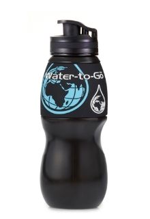 A black filter travel bottle with wording: Water-to-Go and a picture of a blue globe.