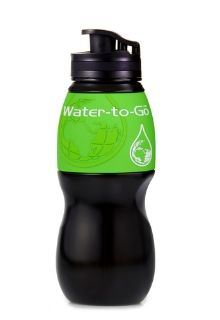 A black filter travel bottle with a bright green trim with wording: Water-to-Go and a picture of a water drop.