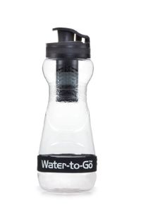 A black and clear Water-to-Go filter travel bottle.