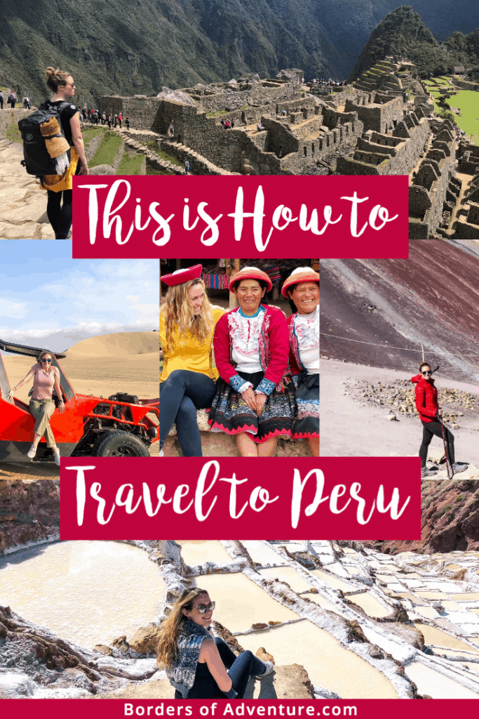 A panoramic view of the green Machu Picchu, the yellow desert sands via buggy, local weaving women with a tourist, the multi coloured Rainbow Mountain and the round ponds of the Salt Plains, all in Peru