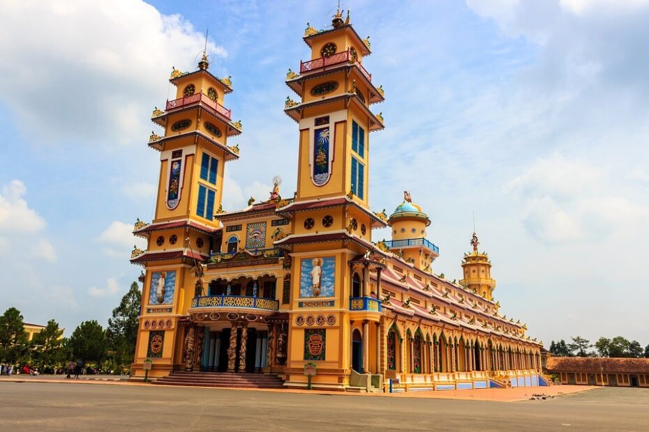 Yellow and blue holy see temple in Tay Ninh