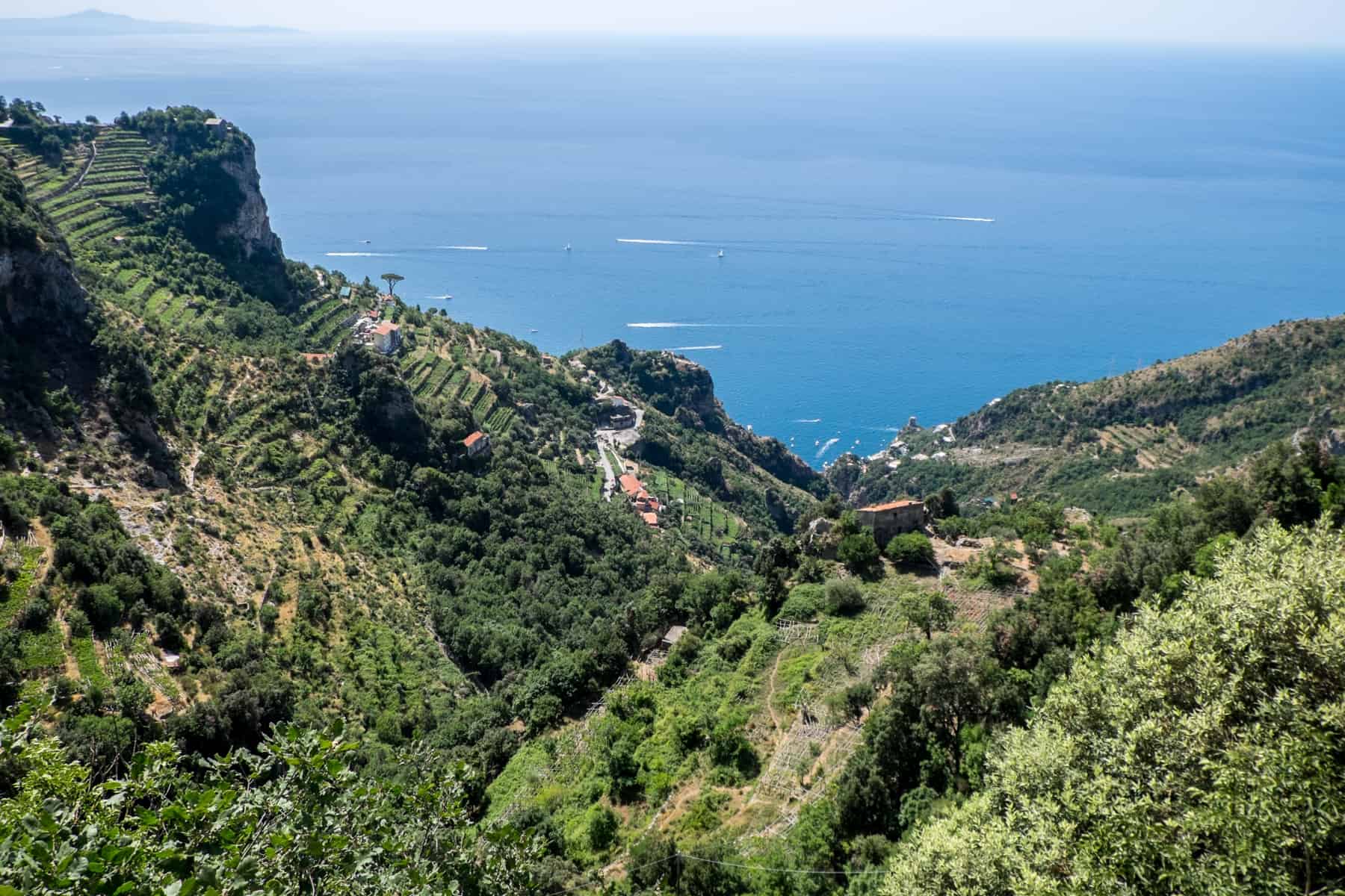 Green terraced hills and orange houses in Agerola in the Amalfi Coast hills. 