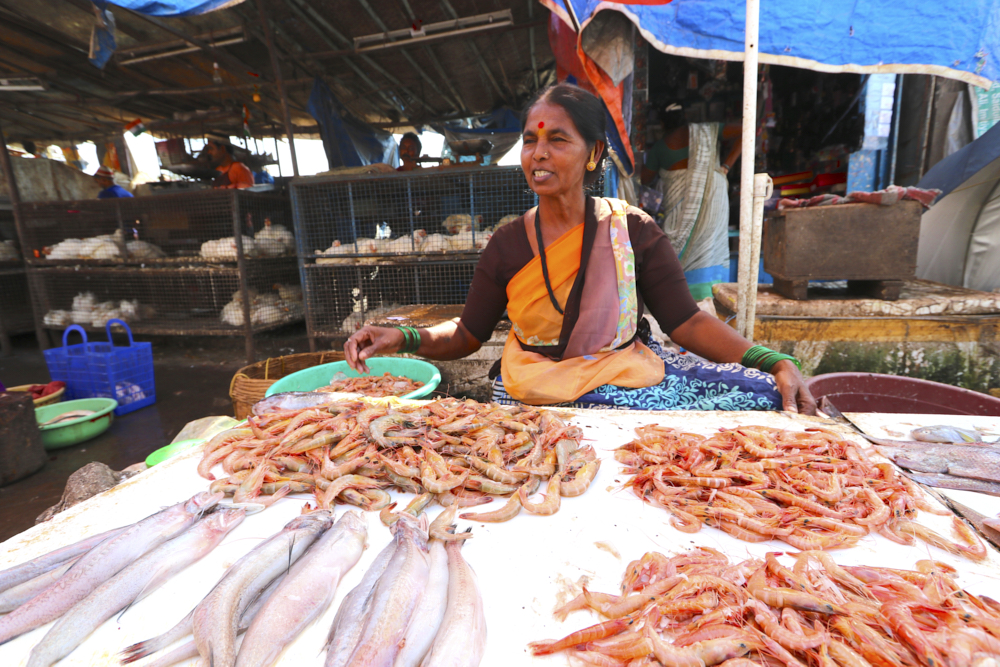 A woman selling fresh seafood on Madh Island near Mumbai, India